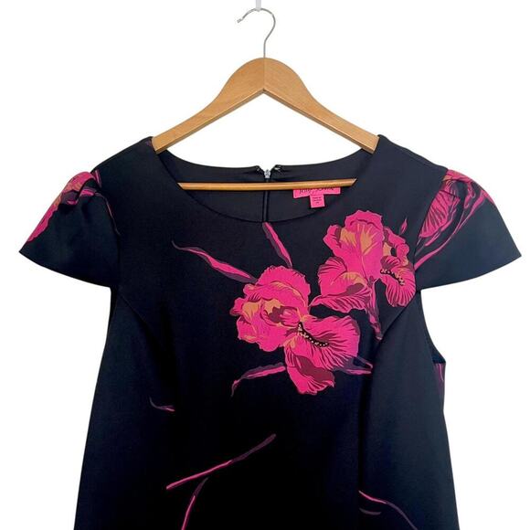 Betsy Johnson Dress Size 14 Black Floral Sheath Front Slit Scuba Cap Sleeve - Picture 4 of 11